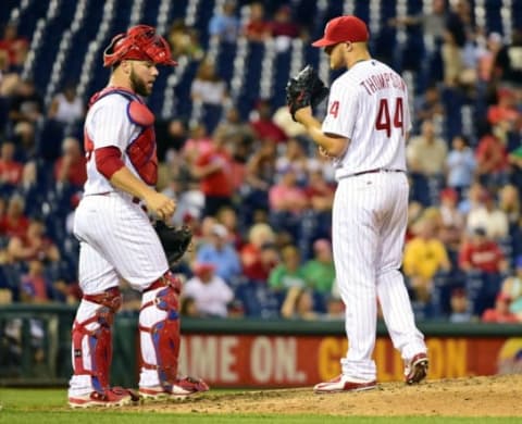 Aug 29, 2016; Philadelphia, PA, USA; Philadelphia Phillies catcher Cameron Rupp (29) talk with Philadelphia Phillies starting pitcher Jake Thompson (44) during the seventh inning against the Washington Nationals at Citizens Bank Park. The Nationals defeated the Phillies, 4-0. Mandatory Credit: Eric Hartline-USA TODAY Sports