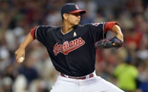 Sep 2, 2016; Cleveland, OH, USA; Cleveland Indians starting pitcher Carlos Carrasco (59) throws a pitch during the fifth inning against the Miami Marlins at Progressive Field. Mandatory Credit: Ken Blaze-USA TODAY Sports