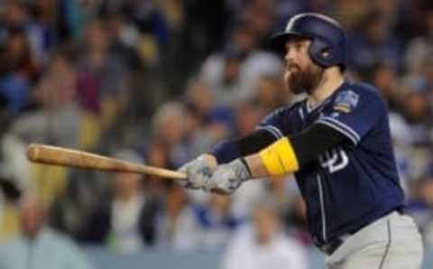 September 2, 2016; Los Angeles, CA, USA; San Diego Padres catcher Derek Norris (3) hits a two run RBI double in the sixth inning against the Los Angeles Dodgers at Dodger Stadium. Mandatory Credit: Gary A. Vasquez-USA TODAY Sports