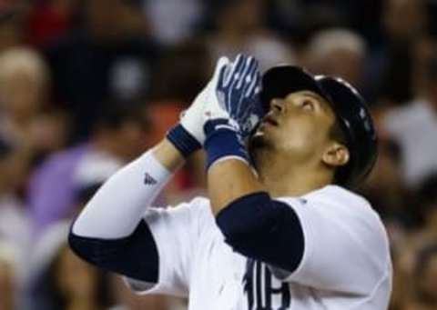 Sep 9, 2016; Detroit, MI, USA; Detroit Tigers designated hitter Victor Martinez (41) celebrates after he hits a home run in the eighth inning against the Baltimore Orioles at Comerica Park. Mandatory Credit: Rick Osentoski-USA TODAY Sports