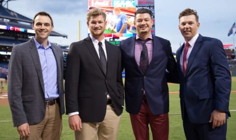 Sep 20, 2016; Philadelphia, PA, USA; From left to right Philadelphia Phillies general manager Matt Klentak and top prospects pitcher Ben Lively and outfielder Dylan Cozens and first baseman Rhys Hoskins prior to a game against the Chicago White Sox at Citizens Bank Park. Mandatory Credit: Bill Streicher-USA TODAY Sports