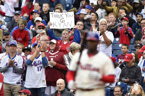 Oct 1, 2016; Philadelphia, PA, USA; Fans give Philadelphia Phillies first baseman Ryan Howard (6) a standing ovation during his first at-bat in the second inning against the New York Mets at Citizens Bank Park. Mandatory Credit: Derik Hamilton-USA TODAY Sports