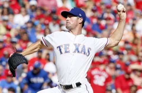 October 6, 2016; Arlington, TX, USA; Texas Rangers starting pitcher Cole Hamels (35) throws in the first inning against the Toronto Blue Jays during game one of the 2016 ALDS playoff baseball game at Globe Life Park in Arlington. Mandatory Credit: Tim Heitman-USA TODAY Sports