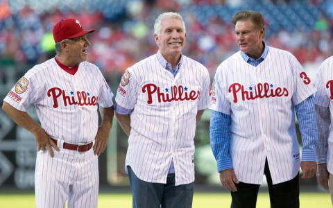 All Time Phillies greats Larry Bowa (left) and Mike Schmidt (middle) and Steve Carlton (right) (Mandatory Credit: Bill Streicher-USA TODAY Sports)