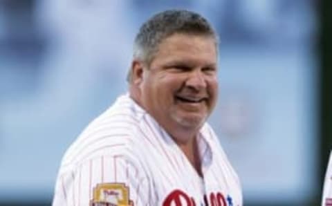 Jul 31, 2015; Philadelphia, PA, USA; Philadelphia Phillies Wall of Fame member John Kruk during the Pat Burrell (not pictured) induction ceremony before a game against the Atlanta Braves at Citizens Bank Park. Mandatory Credit: Bill Streicher-USA TODAY Sports