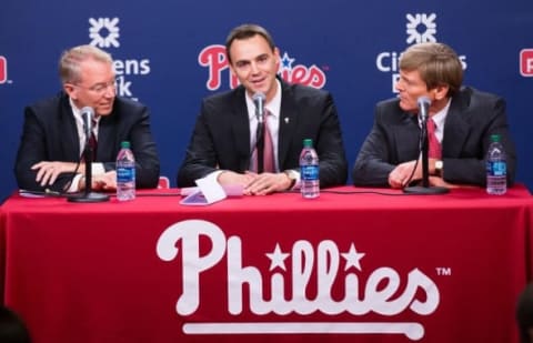 Oct 26, 2015; Philadelphia, PA, USA; Philadelphia Phillies president Andy MacPhail (L) and general manager Matt Klentak (M) and part owner John Middleton (R) during a press conference at Citizens Bank Park. Mandatory Credit: Bill Streicher-USA TODAY Sports