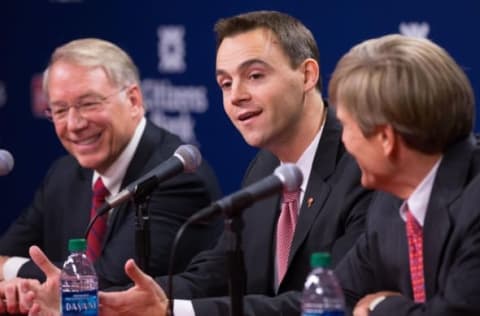 Oct 26, 2015; Philadelphia, PA, USA; Philadelphia Phillies president Andy MacPhail (L) and general manager Matt Klentak (M) and part owner John Middleton (R) during a press conference at Citizens Bank Park. Mandatory Credit: Bill Streicher-USA TODAY Sports