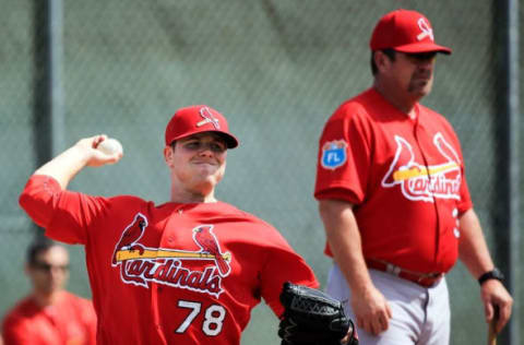 Feb 18, 2016; Jupiter, FL, USA; St. Louis Cardinals pitcher Trey Nielsen (78) throws during pitching drills at Roger Dean Stadium. Mandatory Credit: Steve Mitchell-USA TODAY Sports