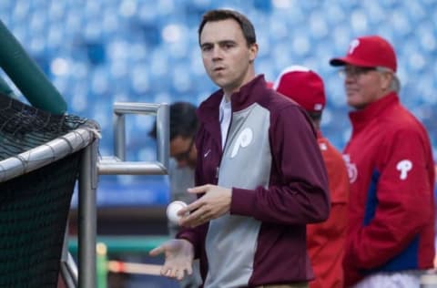 Apr 15, 2016; Philadelphia, PA, USA; Philadelphia Phillies general manager Matt Klentak before a game against the Washington Nationals at Citizens Bank Park. Mandatory Credit: Bill Streicher-USA TODAY Sports