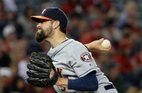 May 28, 2016; Anaheim, CA, USA; Houston Astros relief pitcher Pat Neshek (37) pitches in the eighth inning of the game against the Los Angeles Angels at Angel Stadium of Anaheim. Astros won 4-2. Mandatory Credit: Jayne Kamin-Oncea-USA TODAY Sports