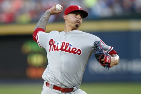 Jul 29, 2016; Atlanta, GA, USA; Philadelphia Phillies starting pitcher Vince Velasquez (28) throws a pitch against the Atlanta Braves in the third inning at Turner Field. Mandatory Credit: Brett Davis-USA TODAY Sports