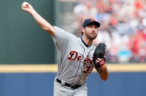 Oct 2, 2016; Atlanta, GA, USA; Detroit Tigers starting pitcher Justin Verlander (35) throws a pitch against the Atlanta Braves in the first inning at Turner Field. Mandatory Credit: Brett Davis-USA TODAY Sports