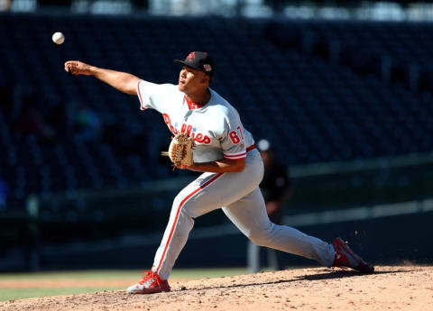 Oct 18, 2016; Mesa, AZ, USA; Scottsdale Scorpions pitcher Miguel Nunez of the Philadelphia Phillies against the Mesa Solar Sox during an Arizona Fall League game at Sloan Field. Mandatory Credit: Mark J. Rebilas-USA TODAY Sports