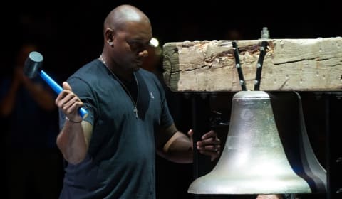 Oct 26, 2016; Philadelphia, PA, USA; Philadelphia Phillies player Ryan Howard rings a ceremonial liberty bell prior to the opening night game between the Philadelphia 76ers and the Oklahoma City Thunder at Wells Fargo Center. Mandatory Credit: Bill Streicher-USA TODAY Sports