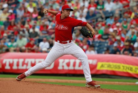 Mar 27, 2015; Clearwater, FL, USA; Philadelphia Phillies pitcher Aaron Nola (10) throws a pitch during the second inning against the New York Yankees at Bright House Field. Mandatory Credit: Kim Klement-USA TODAY Sports