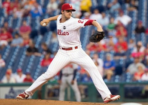 Sep 8, 2015; Philadelphia, PA, USA; Philadelphia Phillies starting pitcher Aaron Nola (27) pitches during the first inning against the Atlanta Braves at Citizens Bank Park. Mandatory Credit: Bill Streicher-USA TODAY Sports