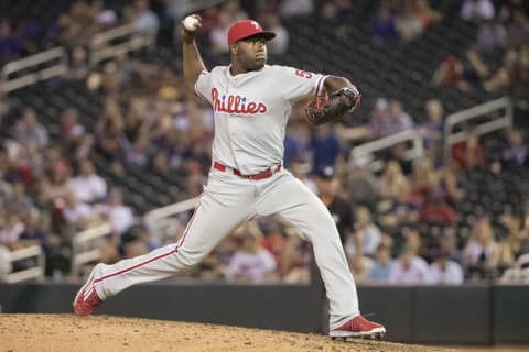 Jun 22, 2016; Minneapolis, MN, USA; Philadelphia Phillies relief pitcher Hector Neris (50) delivers a pitch against the Minnesota Twins in the eighth inning at Target Field. The Twins defeated the Phillies 6-5. Mandatory Credit: Jesse Johnson-USA TODAY Sports