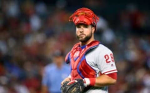 Jun 29, 2016; Phoenix, AZ, USA; Philadelphia Phillies catcher Cameron Rupp against the Arizona Diamondbacks at Chase Field. Mandatory Credit: Mark J. Rebilas-USA TODAY Sports