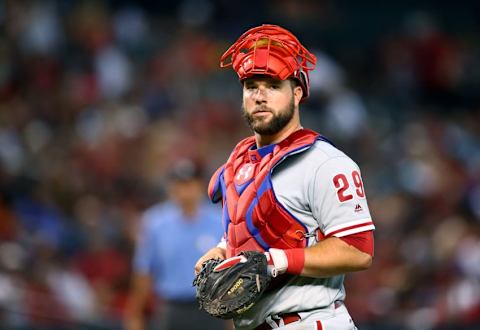 Jun 29, 2016; Phoenix, AZ, USA; Philadelphia Phillies catcher Cameron Rupp against the Arizona Diamondbacks at Chase Field. Mandatory Credit: Mark J. Rebilas-USA TODAY Sports