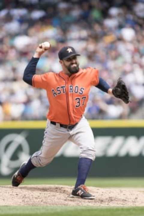 Jul 16, 2016; Seattle, WA, USA; Houston Astros relief pitcher Pat Neshek (37) pitches to the Seattle Mariners during the sixth inning at Safeco Field. Mandatory Credit: Steven Bisig-USA TODAY Sports