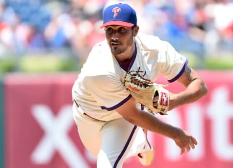 Jul 17, 2016; Philadelphia, PA, USA; Philadelphia Phillies starting pitcher Zach Eflin (56) throws a pitch during the first inning against the New York Mets at Citizens Bank Park. Mandatory Credit: Eric Hartline-USA TODAY Sports