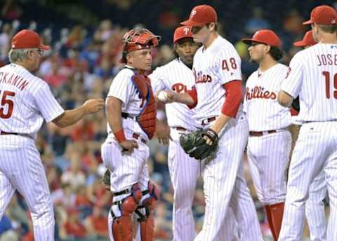 Aug 13, 2016; Philadelphia, PA, USA; Philadelphia Phillies manager Pete Mackanin (45) takes the ball from starting pitcher Jerad Eickhoff (48) during the sixth inning against the Colorado Rockies at Citizens Bank Park. Mandatory Credit: Eric Hartline-USA TODAY Sports