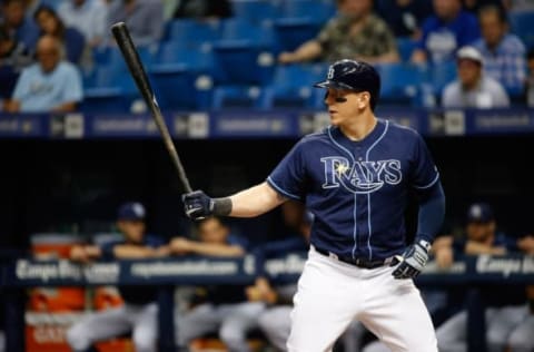 Aug 20, 2016; St. Petersburg, FL, USA; Tampa Bay Rays first baseman Logan Morrison (7) at bat against the Texas Rangers at Tropicana Field. Mandatory Credit: Kim Klement-USA TODAY Sports