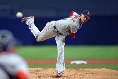 Sep 6, 2016; San Diego, CA, USA; Boston Red Sox starting pitcher Clay Buchholz (11) pitches during the first inning against the San Diego Padres at Petco Park. Mandatory Credit: Jake Roth-USA TODAY Sports