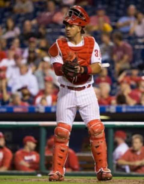 Sep 13, 2016; Philadelphia, PA, USA; Philadelphia Phillies catcher Jorge Alfaro (38) in action against the Pittsburgh Pirates at Citizens Bank Park. The Pittsburgh Pirates won 5-3. Mandatory Credit: Bill Streicher-USA TODAY Sports