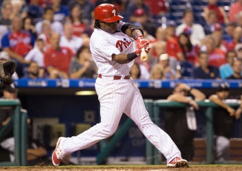 Sep 20, 2016; Philadelphia, PA, USA; Philadelphia Phillies third baseman Maikel Franco (7) hits an RBI single against the Chicago White Sox during the third inning at Citizens Bank Park. Mandatory Credit: Bill Streicher-USA TODAY Sports