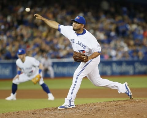 Sep 23, 2016; Toronto, Ontario, CAN; Toronto Blue Jays pitcher Joaquin Benoit (53) pitches against the New York Yankees in the seventh inning at Rogers Centre. Mandatory Credit: John E. Sokolowski-USA TODAY Sports