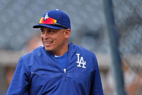 Sep 28, 2016; San Diego, CA, USA; Los Angeles Dodgers catcher Carlos Ruiz (51) before the game against the San Diego Padres at Petco Park. Mandatory Credit: Jake Roth-USA TODAY Sports