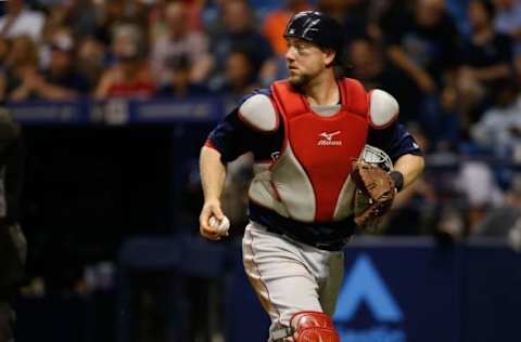 Sep 23, 2016; St. Petersburg, FL, USA; Boston Red Sox catcher Bryan Holaday (59) against the Tampa Bay Rays at Tropicana Field. Mandatory Credit: Kim Klement-USA TODAY Sports