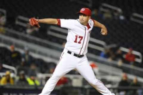 Sep 30, 2016; Washington, DC, USA; Washington Nationals relief pitcher Sean Burnett (17) throws to the Miami Marlins during the seventh inning at Nationals Park. Mandatory Credit: Brad Mills-USA TODAY Sports