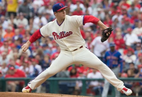 Oct 2, 2016; Philadelphia, PA, USA; Philadelphia Phillies starting pitcher Jerad Eickhoff (48) pitches against the New York Mets during the first inning at Citizens Bank Park. Mandatory Credit: Bill Streicher-USA TODAY Sports