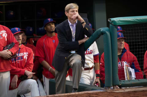 Oct 2, 2016; Philadelphia, PA, USA; Philadelphia Phillies owner John Middleton watches on during the post game celebration for Ryan Howard (6) at Citizens Bank Park. The Philadelphia Phillies won 5-2. Mandatory Credit: Bill Streicher-USA TODAY Sports