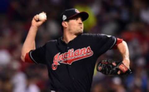 Nov 1, 2016; Cleveland, OH, USA; Cleveland Indians relief pitcher Jeff Manship throws a pitch against the Chicago Cubs in the 6th inning in game six of the 2016 World Series at Progressive Field. Mandatory Credit: Ken Blaze-USA TODAY Sports