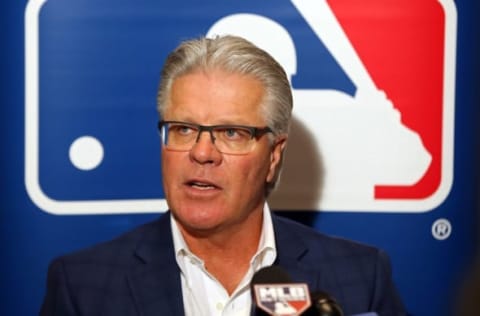 Dec 6, 2016; National Harbor, MD, USA; Philadelphia Phillies manager Pete Mackanin speaks with the media on day two of the 2016 Baseball Winter Meetings at Gaylord National Resort & Convention Center. Mandatory Credit: Geoff Burke-USA TODAY Sports