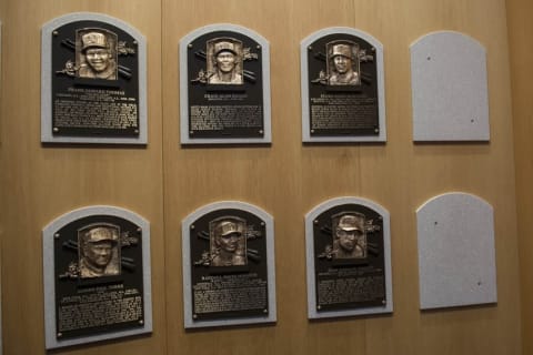 Jul 26, 2015; Cooperstown, NY, USA; The 4 Hall of Fame plagues of Craig Biggio, Randy Johnson, Pedro Martinez and John Smoltz installed and available for viewing in the National Baseball Hall of Fame. Mandatory Credit: Gregory J. Fisher-USA TODAY Sports