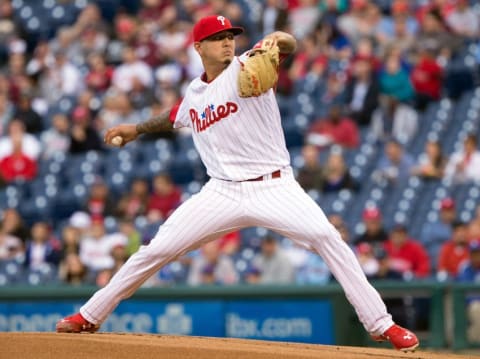 Apr 19, 2016; Philadelphia, PA, USA; Philadelphia Phillies starting pitcher Vince Velasquez (28) pitches during the first inning against the New York Mets at Citizens Bank Park. Mandatory Credit: Bill Streicher-USA TODAY Sports