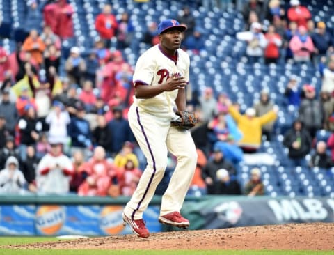 May 1, 2016; Philadelphia, PA, USA; Philadelphia Phillies relief pitcher Hector Neris (50) celebrates final out during the ninth inning against the Cleveland Indians at Citizens Bank Park. The Phillies defeated the Indians, 2-1. Mandatory Credit: Eric Hartline-USA TODAY Sports