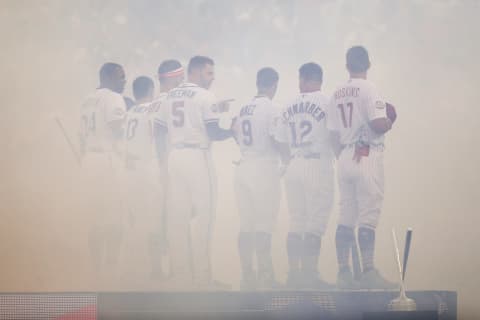 WASHINGTON, DC – JULY 16: The Home Run Derby participants stand during the national anthem during the T-Mobile Home Run Derby at Nationals Park on July 16, 2018 in Washington, DC. (Photo by Rob Carr/Getty Images)