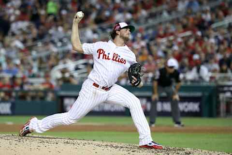 WASHINGTON, DC – JULY 17: Aaron Nola #27 of the Philadelphia Phillies and the National League pitches in the fifth inning against the American League during the 89th MLB All-Star Game, presented by Mastercard at Nationals Park on July 17, 2018 in Washington, DC. (Photo by Rob Carr/Getty Images)