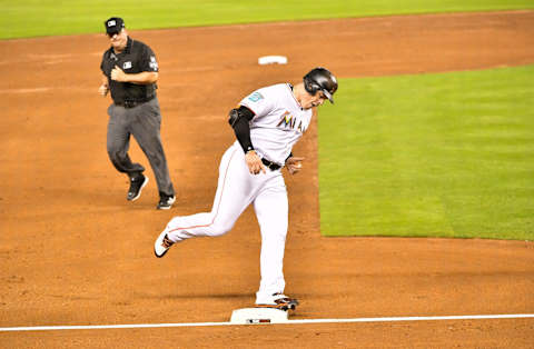 MIAMI, FL – JULY 23: Justin Bour #41 of the Miami Marlins rounds third base after hitting a solo home run in the second inning against the Atlanta Braves at Marlins Park on July 23, 2018 in Miami, Florida. (Photo by Mark Brown/Getty Images)