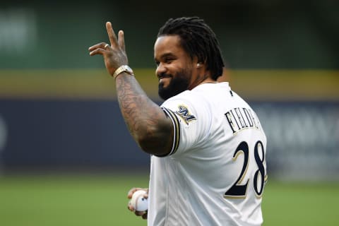 MILWAUKEE, WI – JULY 24: Former Milwaukee Brewer Prince Fielder waves during a ceremony before a game against the Washington Nationals at Miller Park on July 24, 2018 in Milwaukee, Wisconsin. (Photo by Stacy Revere/Getty Images)