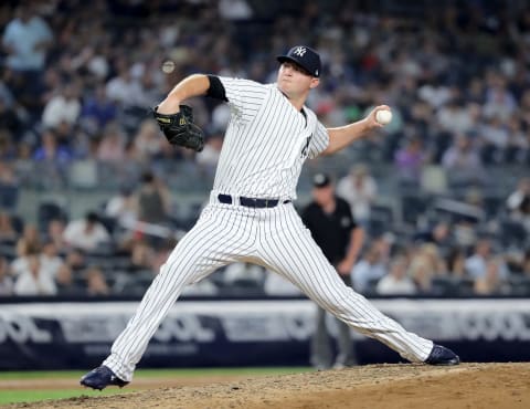 NEW YORK, NY – JULY 26: Zach Britton #53 of the New York Yankees delivers a pitch in the eighth inning against the Kansas City Royals at Yankee Stadium on July 26, 2018 in the Bronx borough of New York City. (Photo by Elsa/Getty Images)