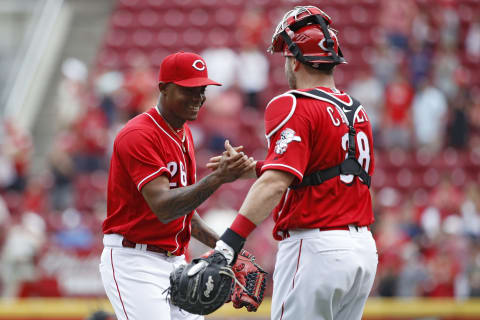 CINCINNATI, OH – JULY 29: Raisel Iglesias #26 of the Cincinnati Reds celebrates with Curt Casali #38 after the final out in the ninth inning against the Philadelphia Phillies at Great American Ball Park on July 29, 2018 in Cincinnati, Ohio. The Reds won 4-0. (Photo by Joe Robbins/Getty Images)