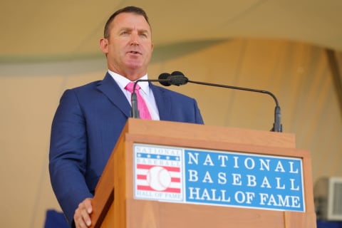 COOPERSTOWN, NY – JULY 29: Inductee Jim Thome speaks during the 2018 Hall of Fame Induction Ceremony at the National Baseball Hall of Fame on Sunday July 29, 2018 in Cooperstown, New York. (Photo by Alex Trautwig/MLB via Getty Images)