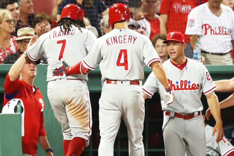 BOSTON, MA – JULY 31: Maikel Franco #7 of the Philadelphia Phillies returns to the dugout after scoring in the fourth inning of a game against the Boston Red Sox at Fenway Park on July 31, 2018 in Boston, Massachusetts. (Photo by Adam Glanzman/Getty Images)