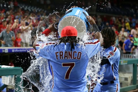 PHILADELPHIA, PA – AUGUST 2: Maikel Franco #7 of the Philadelphia Phillies is dosed with water after hitting a game winning walk-off three-run home run in the ninth inning during a game against the Miami Marlins at Citizens Bank Park on August 2, 2018 in Philadelphia, Pennsylvania. The Phillies won 5-2. (Photo by Hunter Martin/Getty Images)